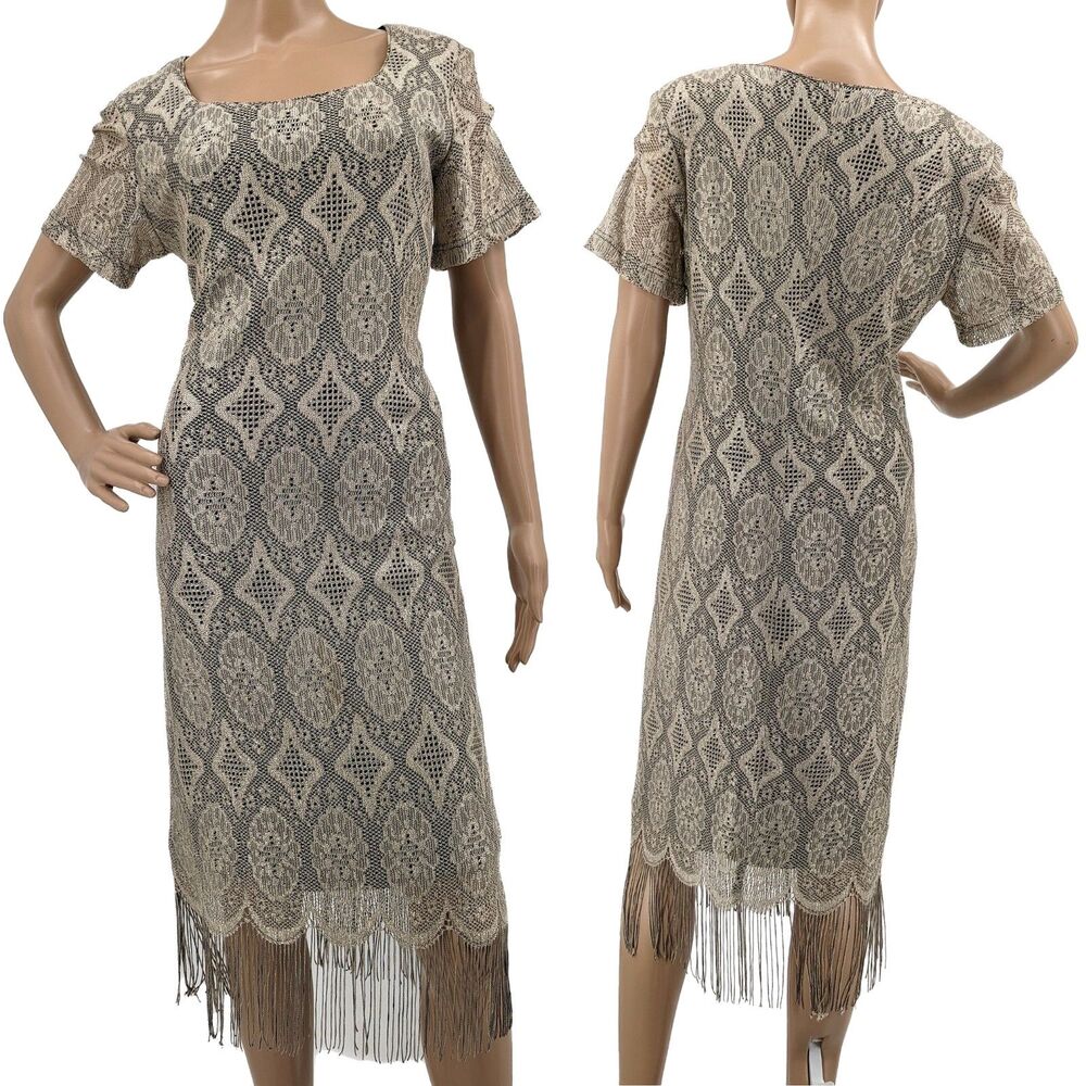 Vintage 190s Helene Blake Gold Tan Midi Dress Crochet Fringe Boho Floral Size 6